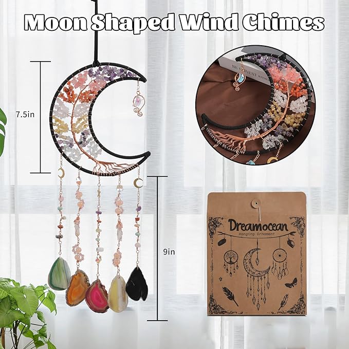 Crystal Wind Chimes, Dreamocean 7 Chakra Dream Catchers Moon Tree of Life Dream Catcher Suncatcher Prisms Hanging Window Wall Decor Yoga Meditation Gifts for Adults Girls