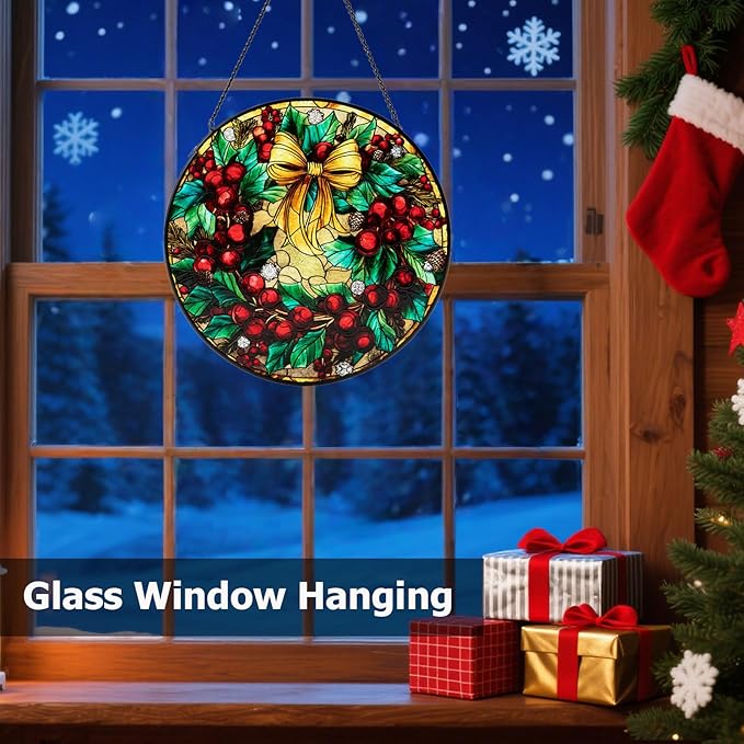 Stained Glass Window Hanging, Christmas Festive Holly and Red Berries Suncatcher for Doors Home Sun Catchers Decoration and Christmas, Mother's Day Birthday Gifts for Women, Men, and Mom