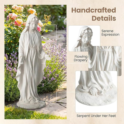 Giantex Virgin Mary Garden Statue 29.5", Blessed Mother Outdoor Religious Statue with Serpent, Weather-Resistant MgO Catholic Yard Decor for Lawn, Patio, Prayer Garden & Memorial, Distressed Ivory