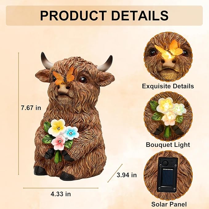 Solar Highland Cow Outdoor Statue, Garden Sculpture with Lighted Butterfly & Flowers Decor, Highland Cow Figurine for Patio Yard Lawn Ornaments for Birthday