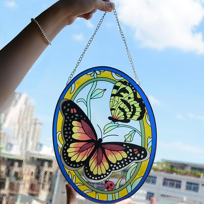 Monarch Butterfly Stained Glass Window Hanging, Butterfly Decorations Gift for Women, Valentine Stained Glass Suncatcher- Window Valentine Decor, Outdoor Hanging for Garden (10.5 inch)