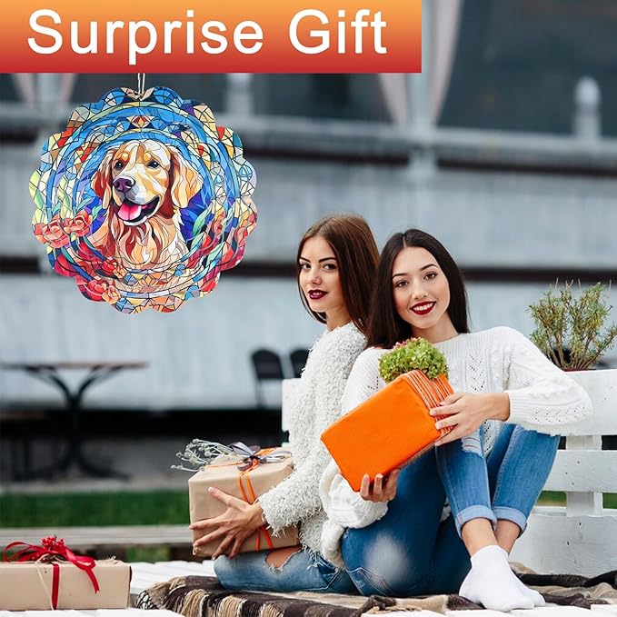 Wind Spinner Mandala 12 inch 3D Stainless Steel Laser Cut Metal Art Geometric Pattern Hanging Wind Spinner (Dog)