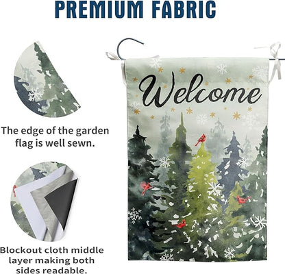 Welcome Winter Garden Flag Pine Tree Flag Snowy Forest Red Birds Cardinals Flag 12x18 Double Sided Outdoor Christmas Farmhouse Decorations Seasonal Yard Flags