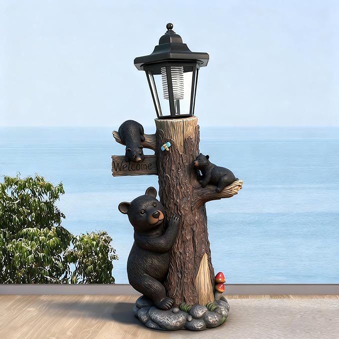 Bear Statue Welcome Sign Garden Statue with Solar Lights, 19 Inches Resin Bear Family on The Tree, Outdoor Bear Décor for Yard, Garden, Lawn, Patio, Black, Spring Decorations for Home