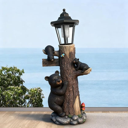 Bear Statue Welcome Sign Garden Statue with Solar Lights, 19 Inches Resin Bear Family on The Tree, Outdoor Bear Décor for Yard, Garden, Lawn, Patio, Black, Spring Decorations for Home