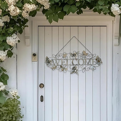 Queltharion Metal Welcome Wall Decor Rustic Farmhouse Distressed Flower and Butterfly Welcome Sign Hanging Decorative for Garden Porch Patio Yard Outdoor 23.5" L Blue
