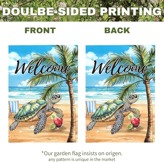 Welcome Garden Flag Sea Turtle Beach Scene Yard Flag Tropical Coastal Summer Double Sided Polyester Ocean Palm Tree Yard Flags for Lawn Porch Patio Nautical Seaside Outdoor Decor 12x18 Inch