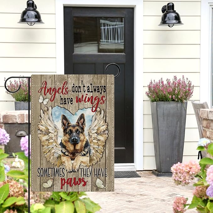 Dyrenson Memorial German Shepherd Dog Garden Flag, Angels Don't Always Have Wings Cemetery Yard Outside Home Decoration Gifts for Loss of Dog, Pet Farmhouse Outdoor Small Decor Double Sided 12 x 18