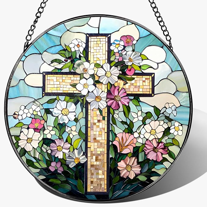 8'' Christian Stained Glass Suncatcher Ornament, Cross Window Hanging, Window Decor, Jesus Home Decor, Gifts for Christmas, Easter Faith Cross Gifts, Religious Gift, Christian Gift