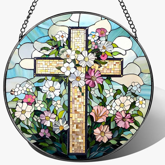 8'' Christian Stained Glass Suncatcher Ornament, Cross Window Hanging, Window Decor, Jesus Home Decor, Gifts for Christmas, Easter Faith Cross Gifts, Religious Gift, Christian Gift