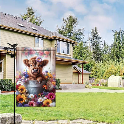 Highland Cow Garden Flags For Outside 12x18 Double Sided Rustic Farmhouse Floral Spring Summer Welcome Yard Sign Decor Cute Gifts For Women Mom Mothers Day Outdoor Lawn Ornament