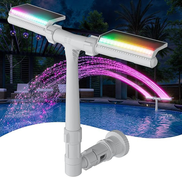 POOLHACKER Solar Pool Fountain with 10-Color LED Lights, Newly Refined Streamlined Design, Auto Dusk Sensor & Timer, Remote Control, Dual-Head Adjustable Spray for Above & Inground Pools