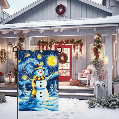 Winter Garden Flag Santa Snowman Yard Flags Van Gogh Yard Flags Art Starry Night Sky Moon Wall Banner Xmas Blue Pine Snowfield House Banners for Happy Holiday Farmhouse Outdoor 12 x 18 Inch