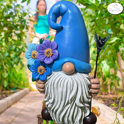 Daisy & Olive Garden Gnome | Large Solar Powered Garden Gnome Statue | Flower & Bee Lights Up | Auto On-Off | Garden Gnome for Yard | Unique Housewarming Gifts