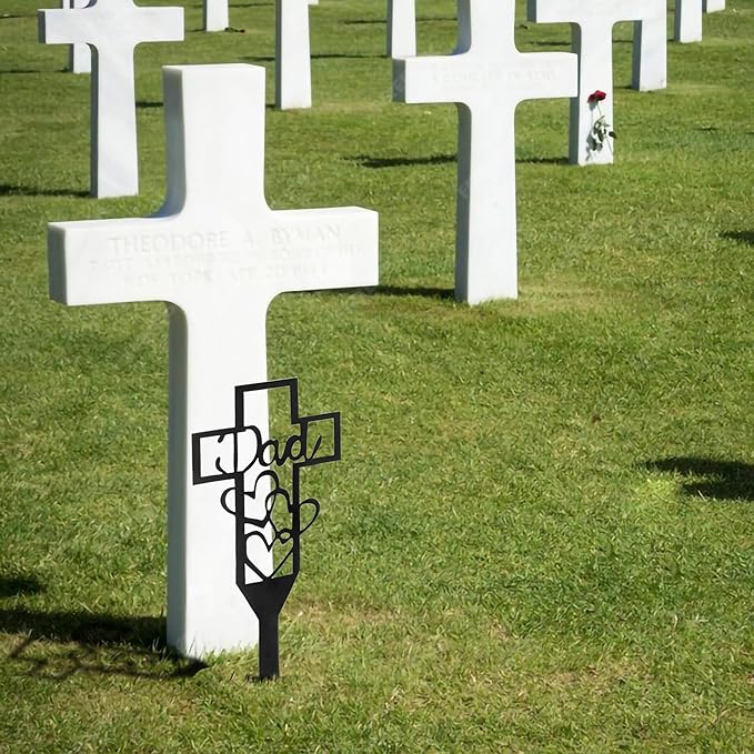 Stake Grave Decorations, Metal Cross Grave Marker Signs for Father Dad Mom Cemetery, 12x6", for Daddy Cemetery Garden, Lawn, Wall Outdoor, and Decorative Gravesite Easter Memorial Day (Black, 1PC)