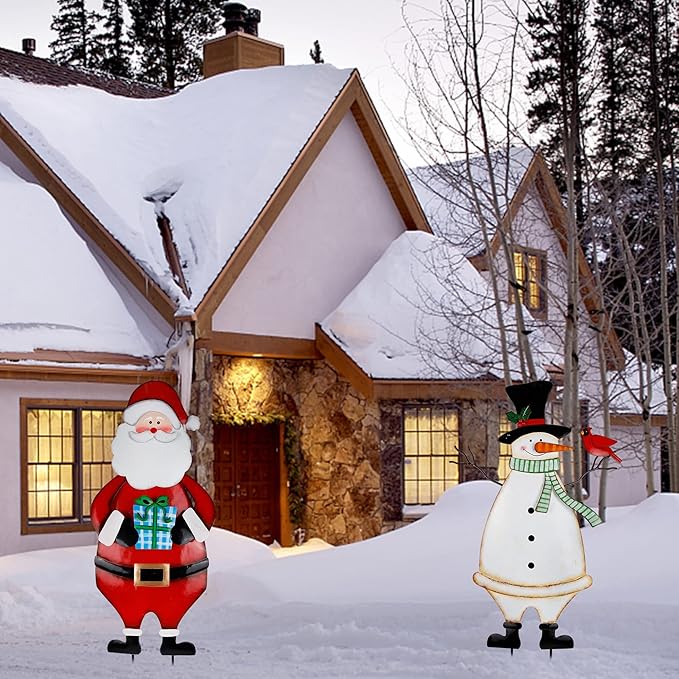 Hausse 2 Pack Christmas Garden Metal Stakes, 31.5 Inch Decorative Snowman and Santa Claus, Xmas Yard Signs for Outdoor Decorations, Holiday New Year Home Decor for Lawn Pathway Patio