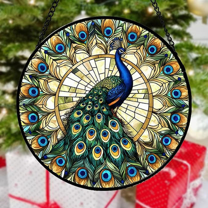 DASTOLL Stained Glass Window Hanging - Retro Peacock Decoration Suncatcher for Door Garden Home Bird Feather Sun Catchers Christmas Mother's Day Birthday Gifts for Women Men Mom Nana Friend 14.9 in