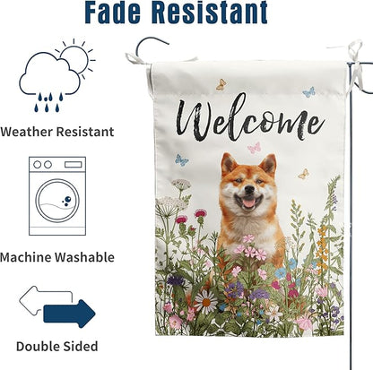 Spring Summer Garden Flag Floral Shiba Inu Yard Flag Flower Dog Garden Flags for Outside Small Outdoor Welcome Flags 12x18 Double Sided
