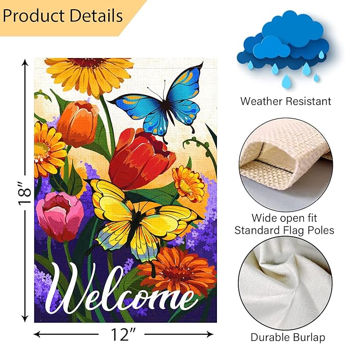 Louise Maelys Welcome Spring Floral Garden Flag 12x18 Double Sided, Burlap Small Vertical Summer Butterfly for Yard Seasonal Outside Outdoor House Decoration