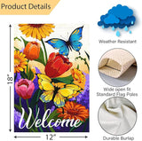 Louise Maelys Welcome Spring Floral Garden Flag 12x18 Double Sided, Burlap Small Vertical Summer Butterfly for Yard Seasonal Outside Outdoor House Decoration