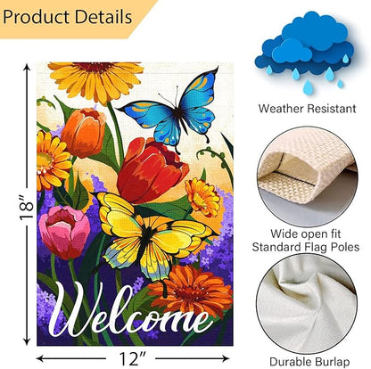 Louise Maelys Welcome Spring Floral Garden Flag 12x18 Double Sided, Burlap Small Vertical Summer Butterfly for Yard Seasonal Outside Outdoor House Decoration