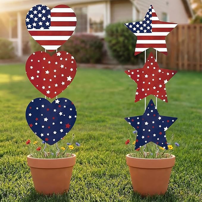 RattanView 6 Pack Outdoor Memorial Day Yard Signs Patriotic Yard Sign with Stakes Red White Blue Stars and Heart Front Porch Decor for Memorial Day Cemetery Lawn Garden Patio Decorations