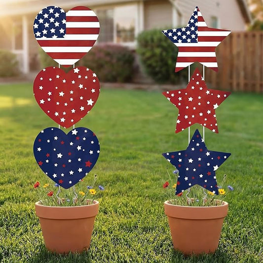 RattanView 6 Pack Outdoor Memorial Day Yard Signs Patriotic Yard Sign with Stakes Red White Blue Stars and Heart Front Porch Decor for Memorial Day Cemetery Lawn Garden Patio Decorations