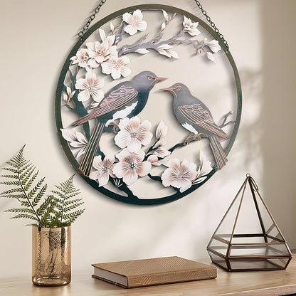 POXOHO Metal Bird Wall Art, 12" Round Wall Decor, Dark Brown, For Living Room, Bedroom, Office