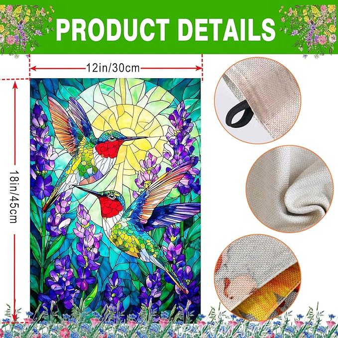 Spring Summer Hummingbird Garden Flag Double Sided 12x18 Inch, Stained Glass Hummingbird Purple Flowers Yard Flag Seasonal Farmhouse Outside Outdoor Decoration
