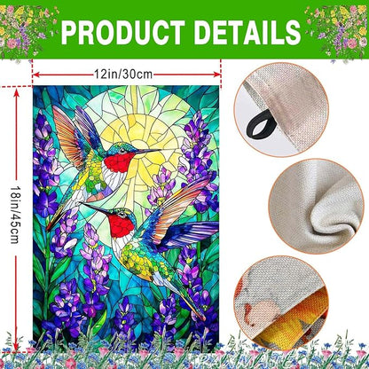 Spring Summer Hummingbird Garden Flag Double Sided 12x18 Inch, Stained Glass Hummingbird Purple Flowers Yard Flag Seasonal Farmhouse Outside Outdoor Decoration