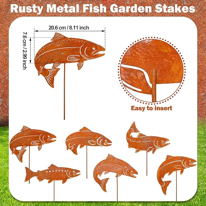 Hicarer 6 Pcs Rusty Metal Fish Garden Stakes Salmon Sculptures Outdoor Nature Themed Decor Garden Fish Rust Art for Patios Backyards Homes Planters Decoration