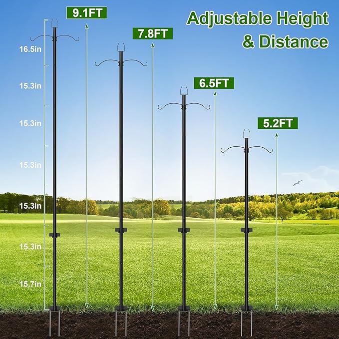 2 Pack String Light Poles for Outside, 9FT Heavy Duty Light Poles Outdoor with Shepherds Hooks for Bird Feeder & Plant Hanging, Adjustable Height Metal Pole for Garden Party Backyard Patio Decor