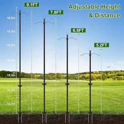 2 Pack String Light Poles for Outside, 9FT Heavy Duty Light Poles Outdoor with Shepherds Hooks for Bird Feeder & Plant Hanging, Adjustable Height Metal Pole for Garden Party Backyard Patio Decor
