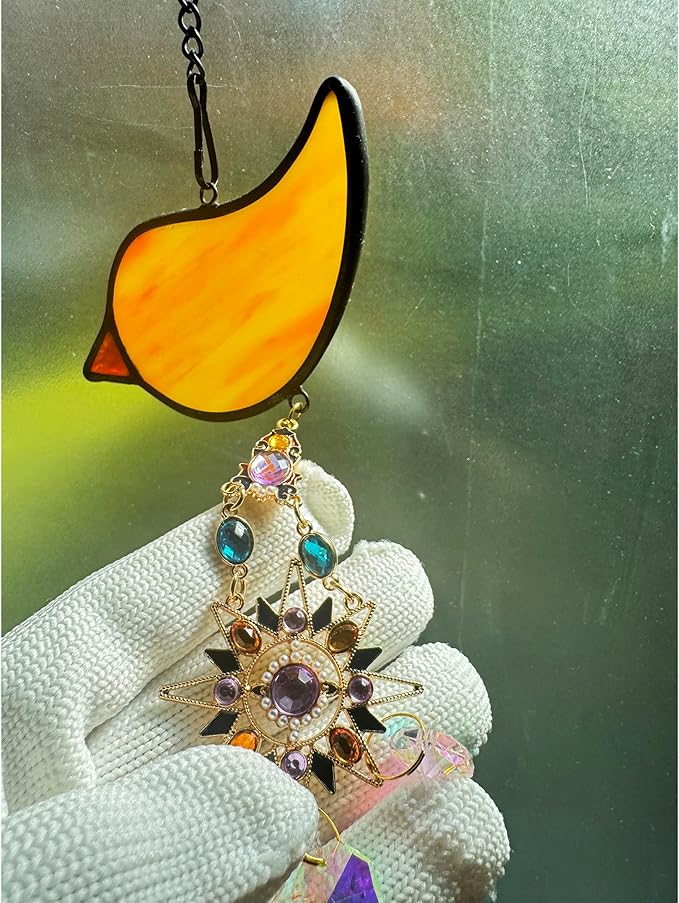 Handmade Cardinal Suncatcher with Sun Crystal Pendant, Stained Glass Window Hanging to Capture Rainbows, Meaningful Gift for Mom, Grandma, Garden Lovers-When Cardinals Appear
