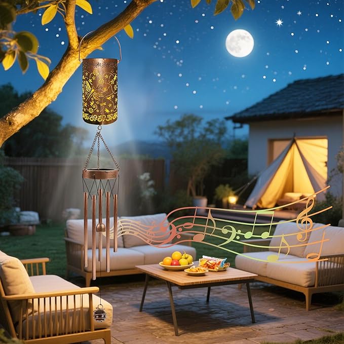 Dragonfly Solar Wind Chimes for Outside, Dragon Fly Gifts Solar Lantern Windchime, Garden Decorative Hanging Lights for Patio Porch Yard Lawn Decor