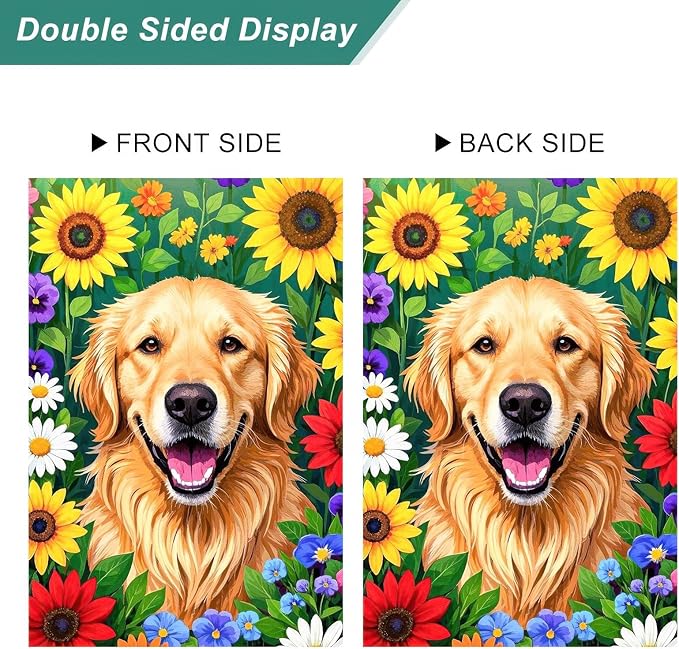 BlissYard Spring Dog Garden Flag Double Sided 12x18 Inch Cute Golden Retriever Seasonal Welcome Small Flags For Outside Outdoor Decor Yard Farmhouse Holiday Spring Summer Decorations Yard Flags