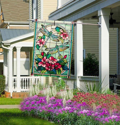 Spring Summer Dragonfly House Flag 28x40 Inch Double Sided, Stained Glass Dragonfly Floral Outdoor Flag Colorful Flower Large Yard Flag Seasonal Lawn Porch Farmhouse Decor