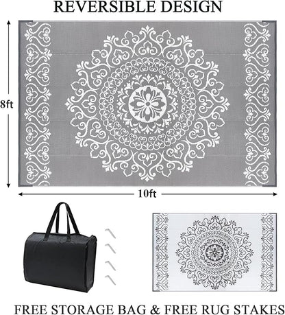 Pauwer Waterproof Outdoor Rug 8x10, Reversible Plastic Straw Patio Camping Rug, Indoor Outdoor RV Mat Carpet for Deck, Camper, Porch, Balcony, Backyard, Picnic, Floral Grey