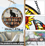 VAIIEYO Book Sun Catcher Stained Glass Window Hanging Ornament, Handmade Sun Catcher Black Cat Animal Decoration with Hooks for Window Garden Home, Christmas & Birthday Housewarming Gift (7.8 inch)