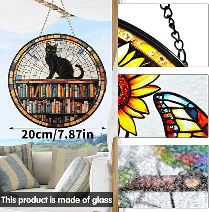 VAIIEYO Book Sun Catcher Stained Glass Window Hanging Ornament, Handmade Sun Catcher Black Cat Animal Decoration with Hooks for Window Garden Home, Christmas & Birthday Housewarming Gift (7.8 inch)