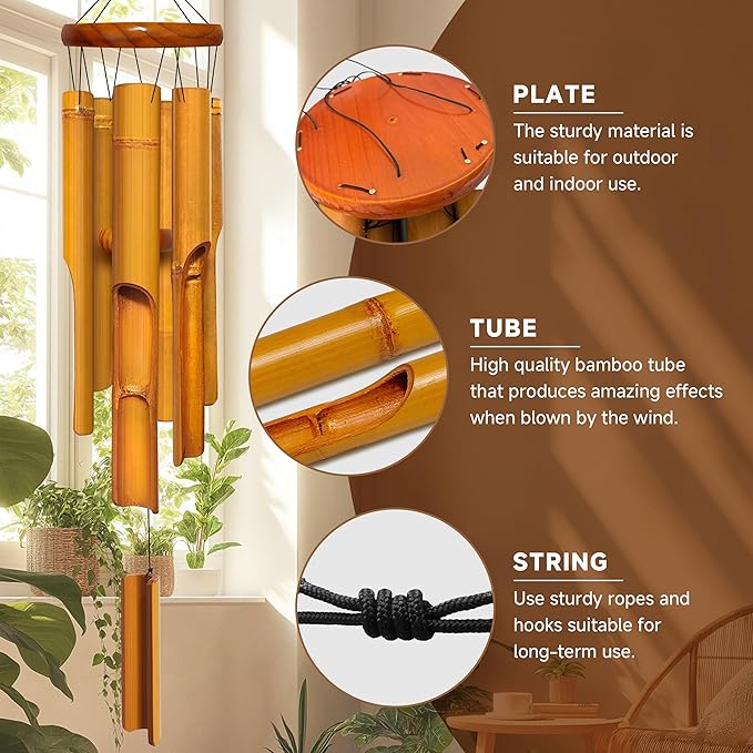 Bamboo Wind Chimes 30" 6 Pipes, Handcrafted Wooden Wind Chime Bring a Unique and Soothing Melody, Create a Zen Atmosphere for Outdoor Indoor Decor, for Sympathy, Memorial