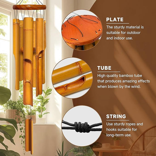 Bamboo Wind Chimes 30" 6 Pipes, Handcrafted Wooden Wind Chime Bring a Unique and Soothing Melody, Create a Zen Atmosphere for Outdoor Indoor Decor, for Sympathy, Memorial