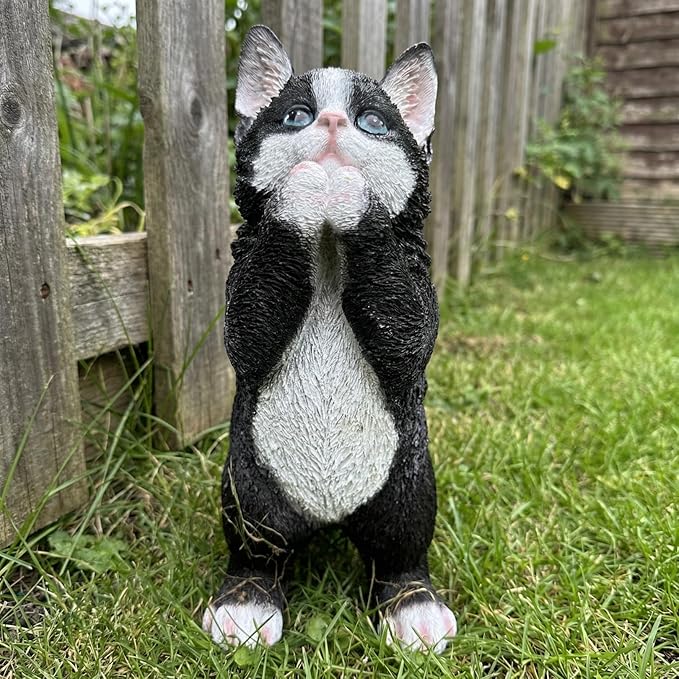 Elenon Cat Garden Statue Decorative for Yard, Praying Black & White Cat Figurines Home Lawn Decor, Patio Kitten Tuxedo Statues Pets Memorial Ornament for Cat Lovers