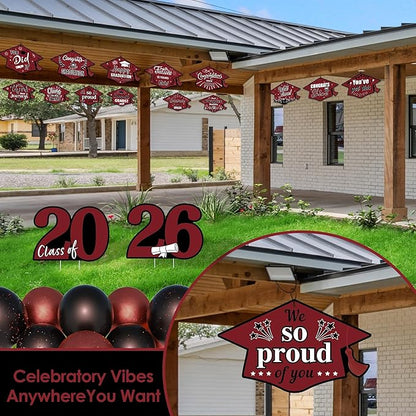 16 Pieces 2026 Graduation Yard Signs Plastic Congrats Grad Decor with 32 Stake and Ribbon Graduate Cap Hanging Yard Sign for Party Outdoor Lawn Pathway Walkway Decorations(Maroon)