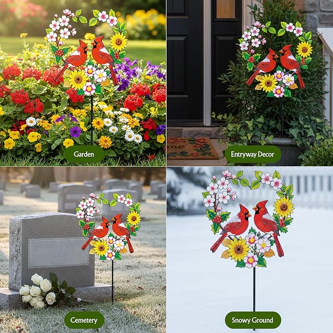 Decorative Garden Stakes Metal Red Cardinal - Heart Shaped Pair of Red Birds with Flowers 24 Inch Colorful Yard Decor, Outdoor Lawn Ornament(Cardinal Couple)