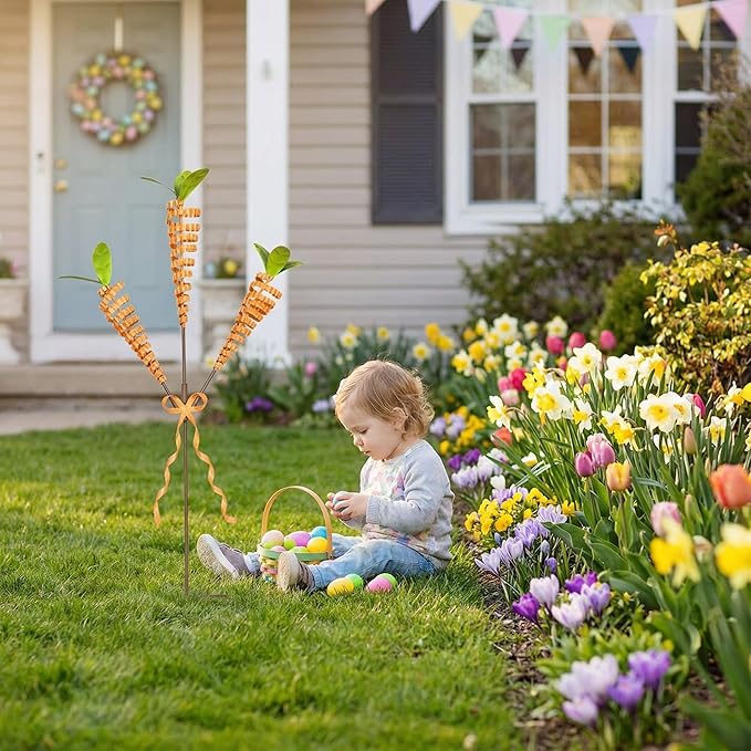 Easter Yard Stakes, 28-Inch 3-Head Carrot Metal Garden Stakes, Rust-Resistant Coiled Iron Wire Outdoor Decor, Spring Easter Decorations Outdoor for Garden, Lawn, Patio, Easter Outdoor Decor