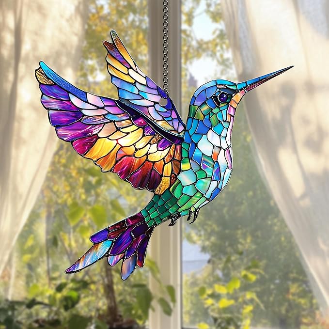 Multicolor Bird Window Hanging Suncatcher Faux Stained Hummingbirds and Flowers for Women Elegant Home Wall Decor Suncatchers Indoor Window Suncatchers