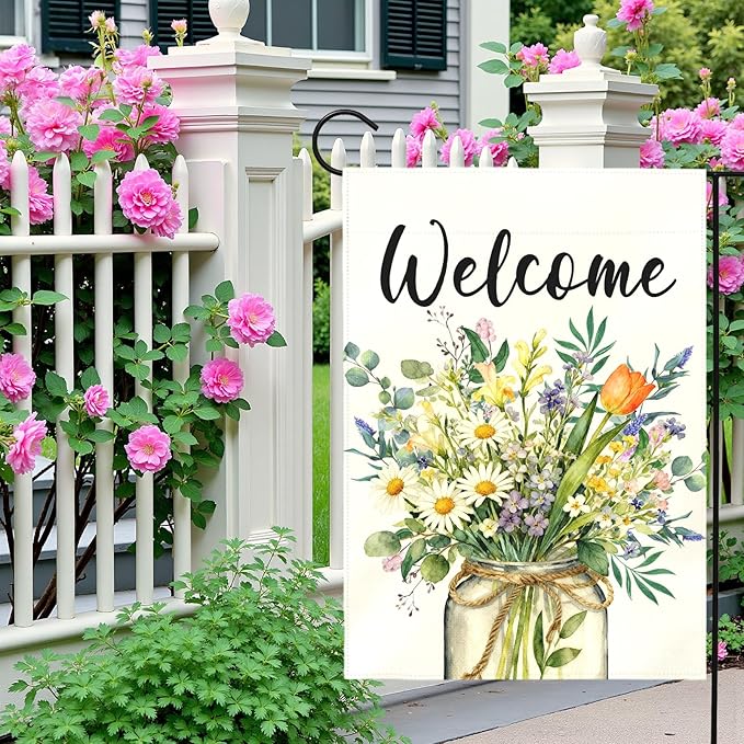Spring Welcome Garden Flag Watercolor Wildflower Bouquet Mason Jar Floral Yard Flags Springtime Home Seasonal Bright Daisy Tulip Rustic Farmhouse House Banner Front Porch Outdoor 12×18 Inch