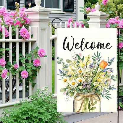 Spring Welcome Garden Flag Watercolor Wildflower Bouquet Mason Jar Floral Yard Flags Springtime Home Seasonal Bright Daisy Tulip Rustic Farmhouse House Banner Front Porch Outdoor 12×18 Inch