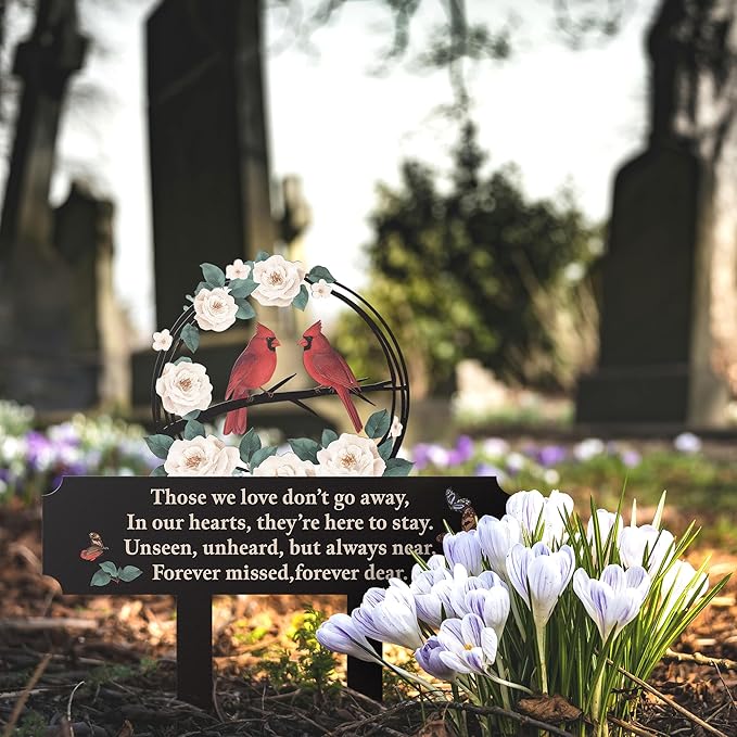 Double-Sided Memorial Stake for Cemetery, Cardinal & Peony Grave Markers for Humans, Metal Cemetery Decorations for Grave, Sympathy Gifts for Loss of Mom, Dad, Loved One, Weatherproof 13.5x10.5